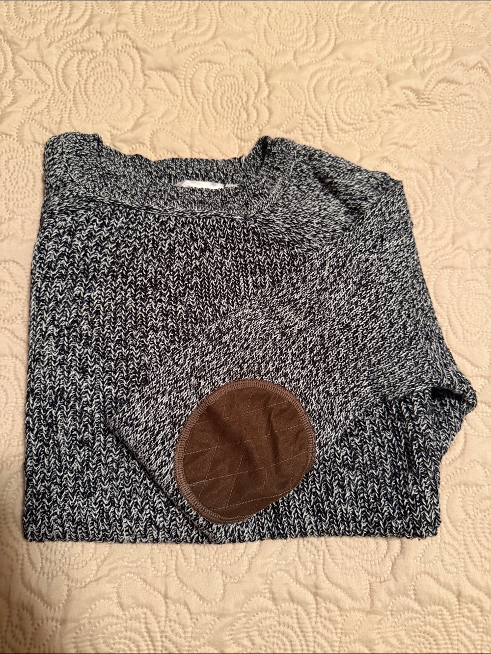 RD Style Black & White Marled Crewneck Sweater with Brown Elbow Patches